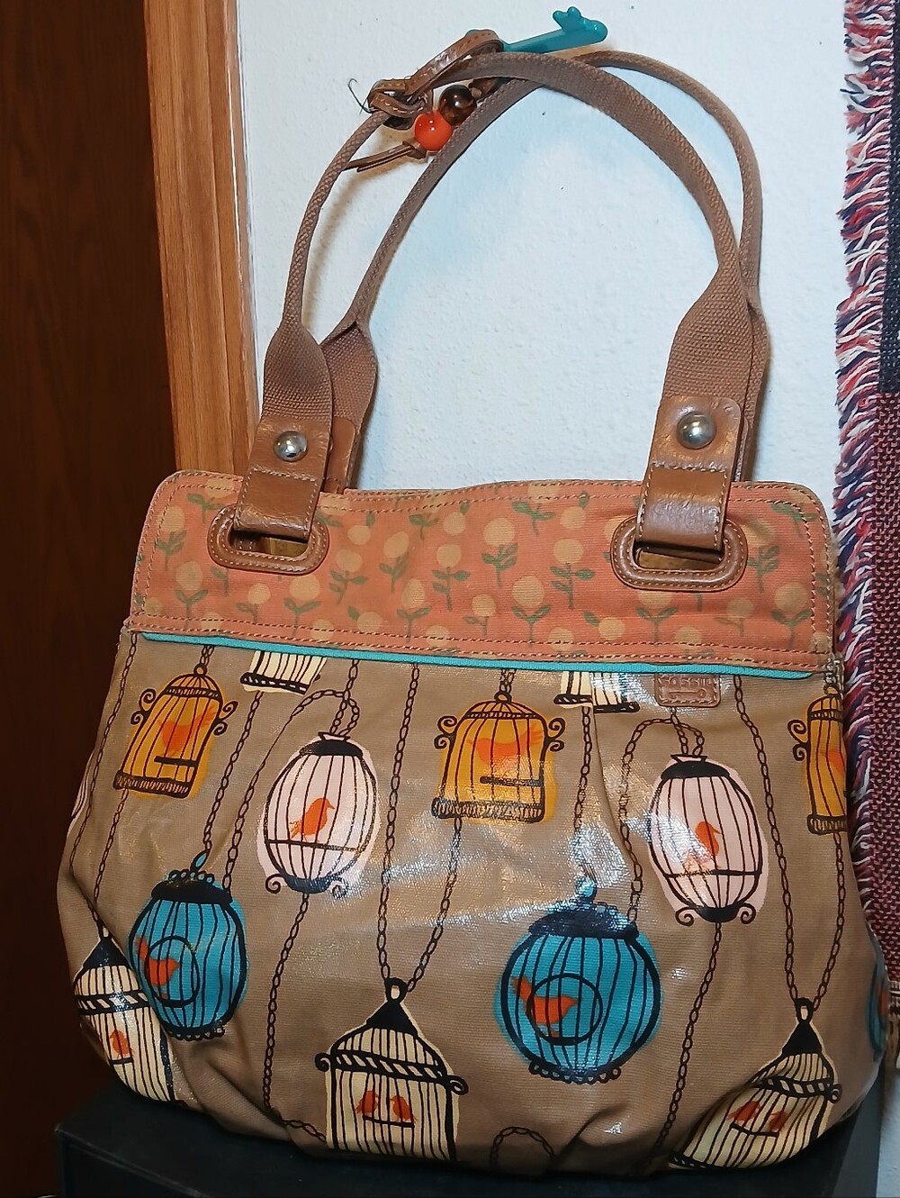 Fossil Key-Per Birdcage Print Shoulder Bag Tote Purse Multicolor